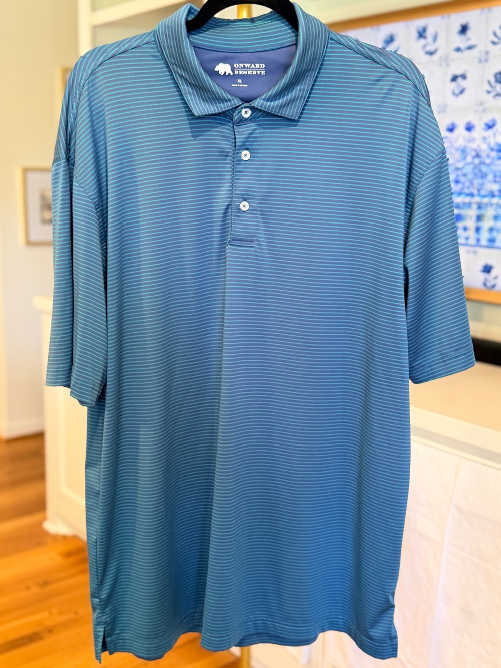 Onward Reserve Navy Blue & Teal Striped Performance Polo Shirt Size XL